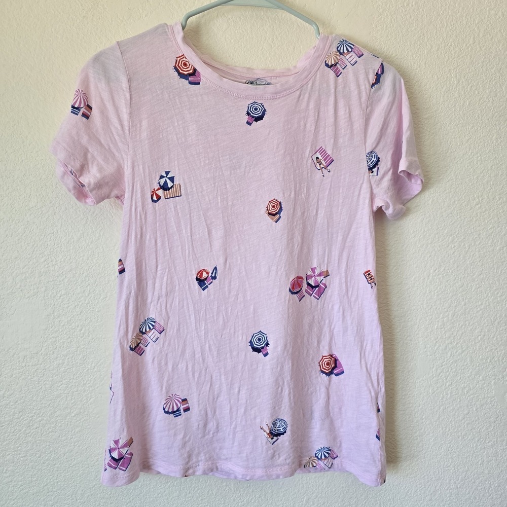 J. Crew Knit Goods Women Sz S Pink T-Shirt Umbrella Beach All-Over Print Cotton